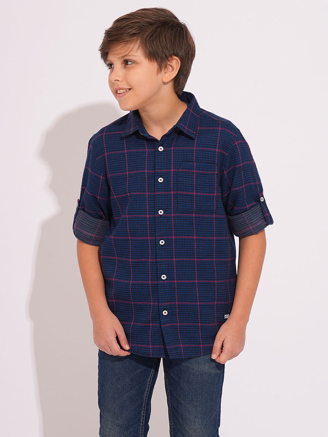 Boys Navy Check Print Shirt