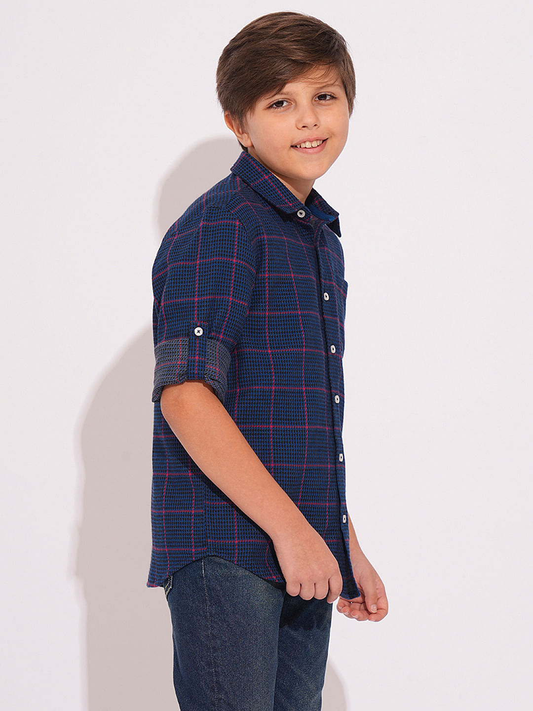 Boys Navy Check Print Shirt