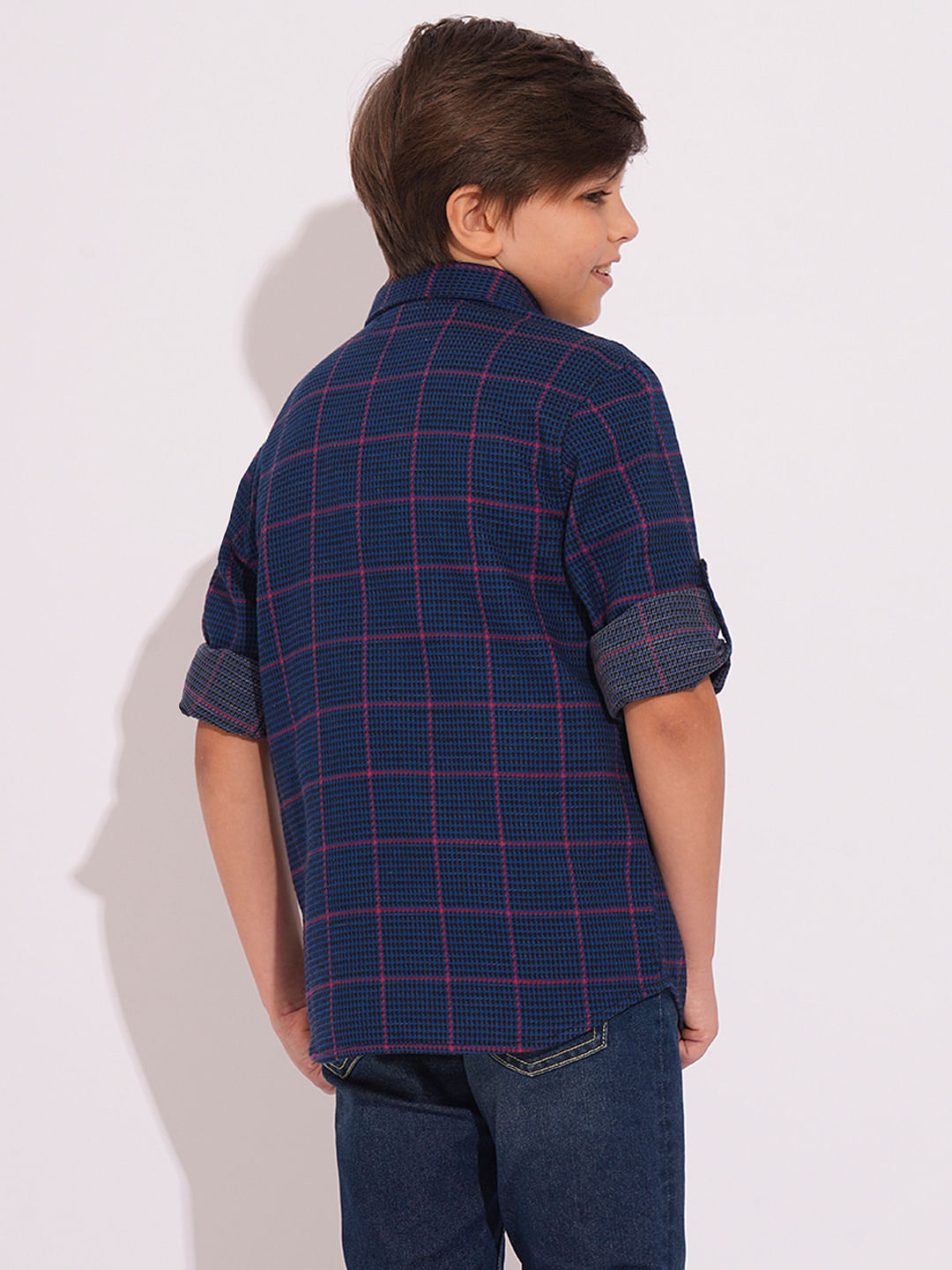 Boys Navy Check Print Shirt