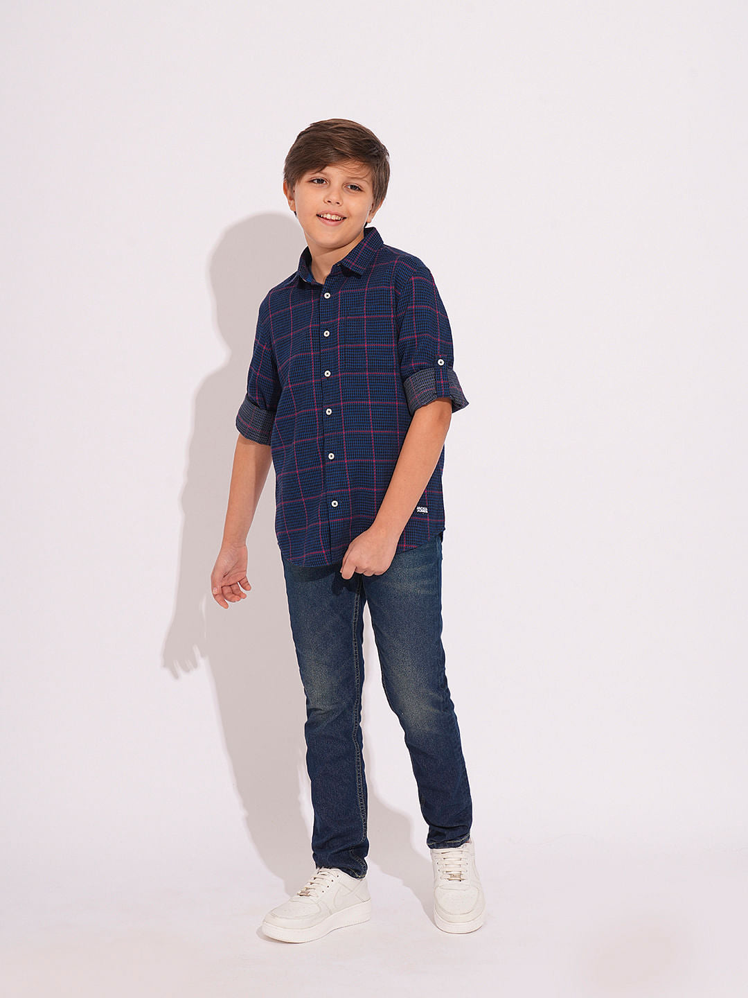 Boys Navy Check Print Shirt