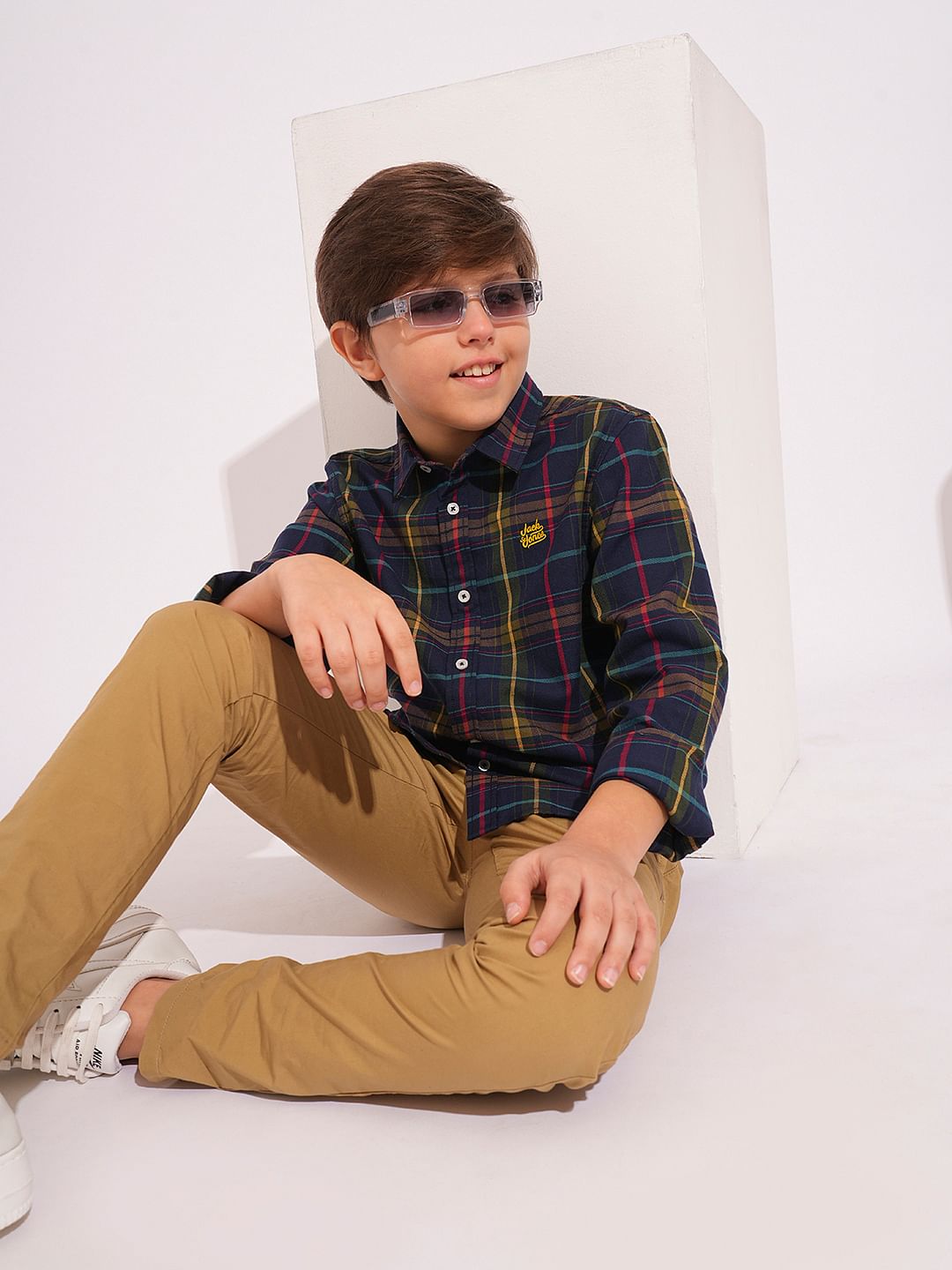 Boys Navy Check Print Shirt