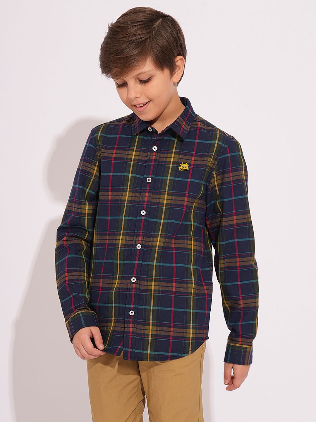 Boys Navy Check Print Shirt