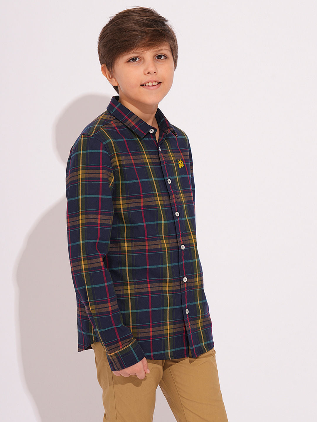 Boys Navy Check Print Shirt
