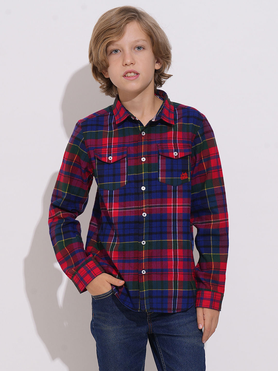 Boys Red Check Full Sleeves Shirt