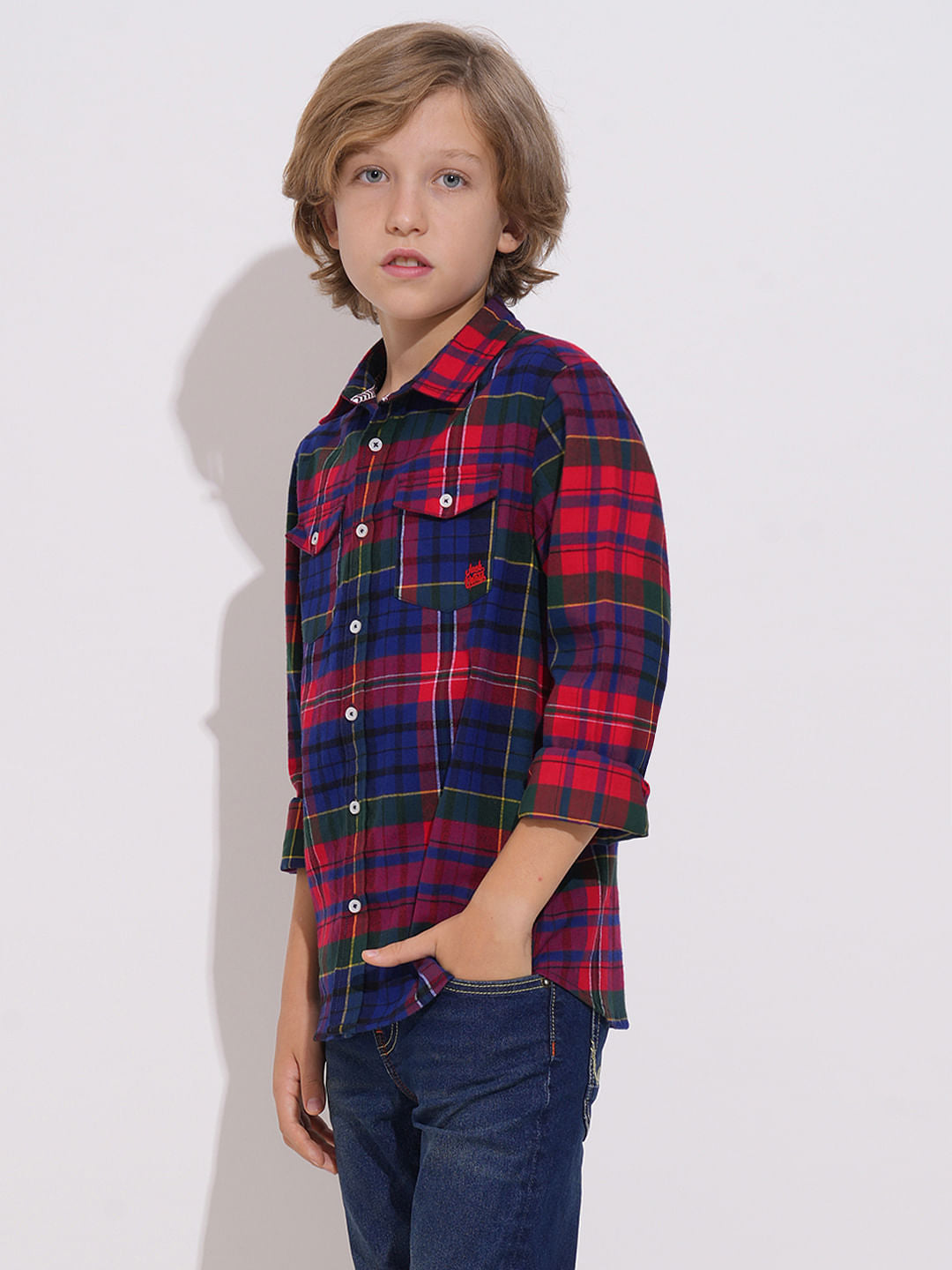 Boys Red Check Full Sleeves Shirt