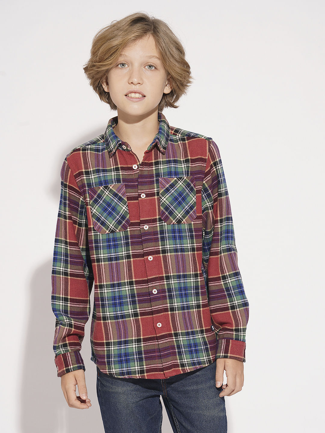 Boys Red Cotton Check Shirt