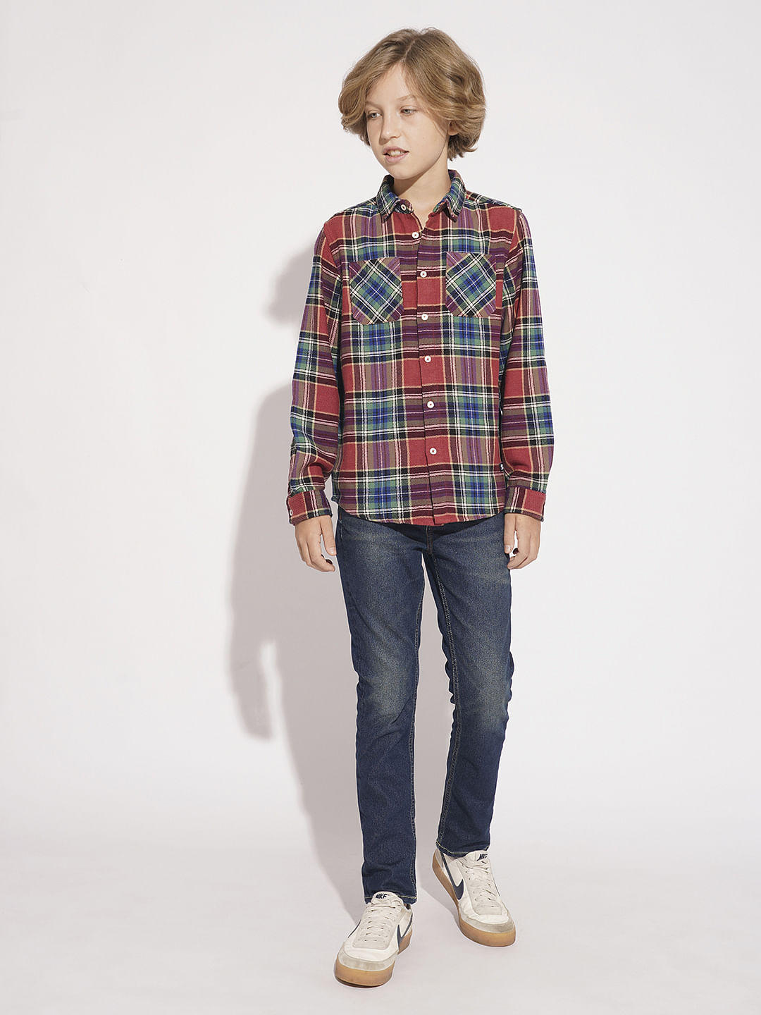 Boys Red Cotton Check Shirt
