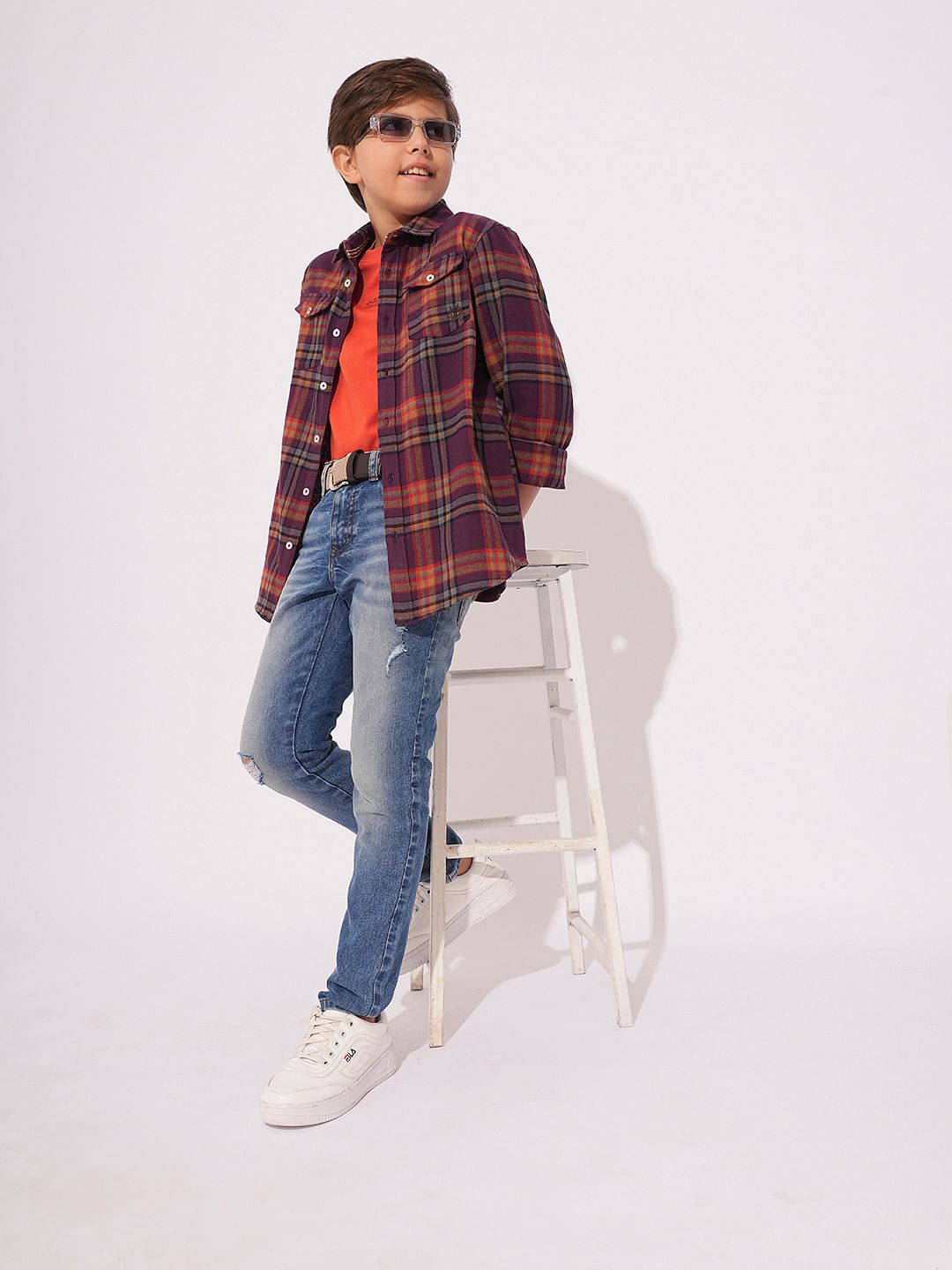 Boys Purple Check Print Shirt