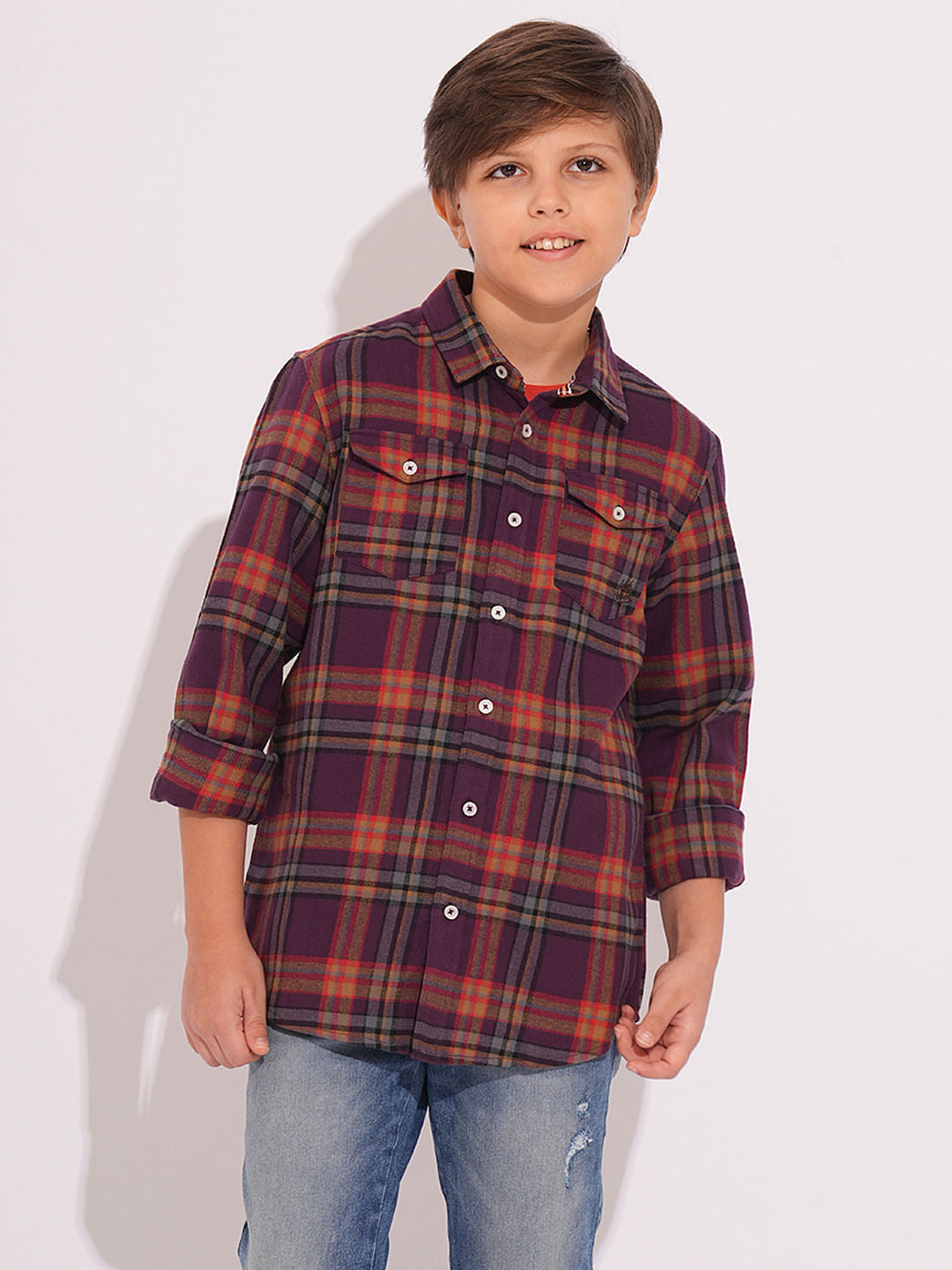 Boys Purple Check Print Shirt