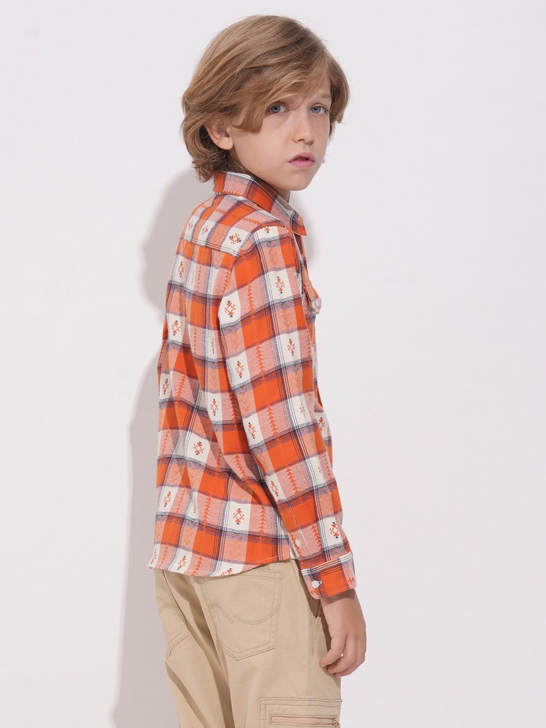 Boys Orange Brushed Flannel Check Shirt