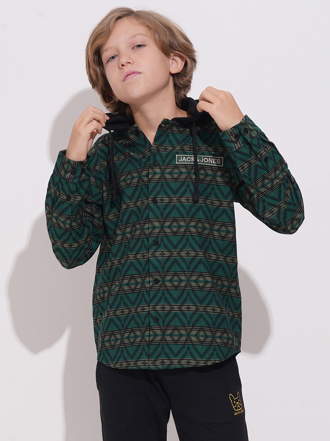 Boys Green Check Hooded Jacquard Shirt