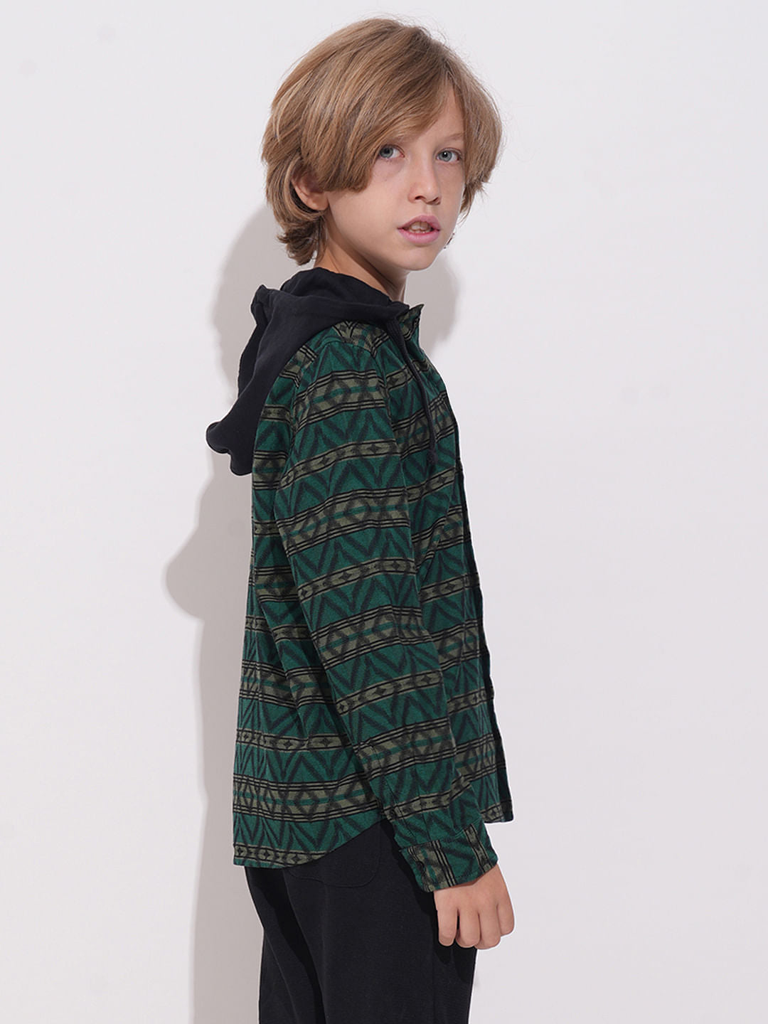 Boys Green Check Hooded Jacquard Shirt