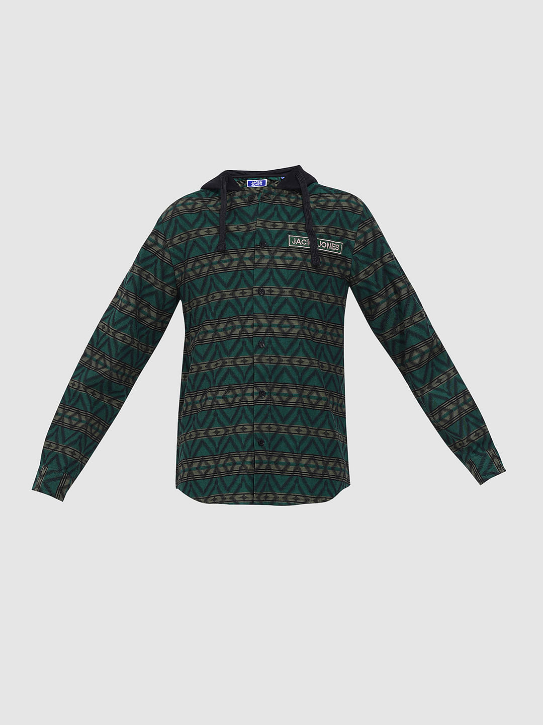 Boys Green Check Hooded Jacquard Shirt