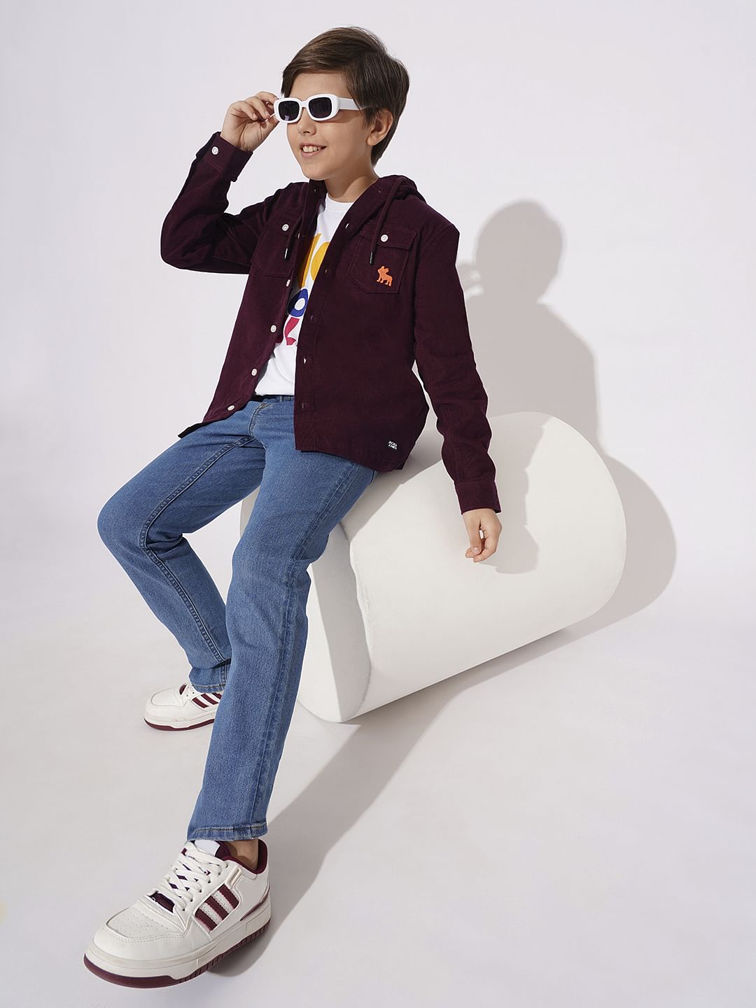 Wine Corduroy Hooded Shirt