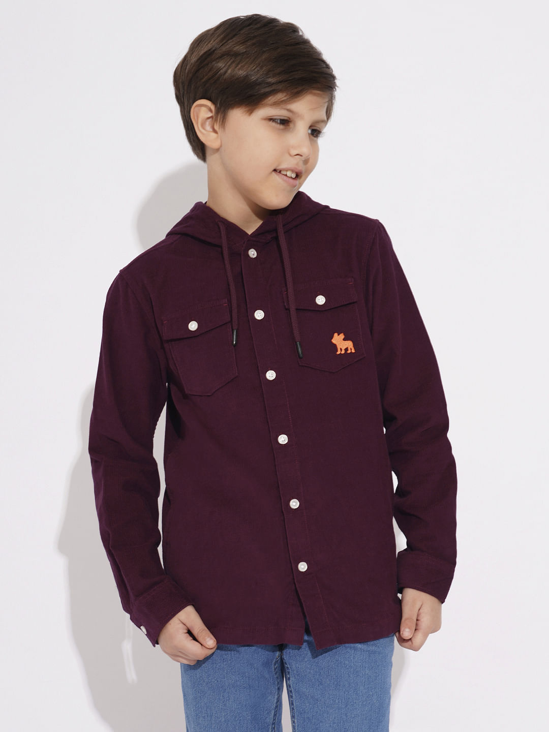 Wine Corduroy Hooded Shirt