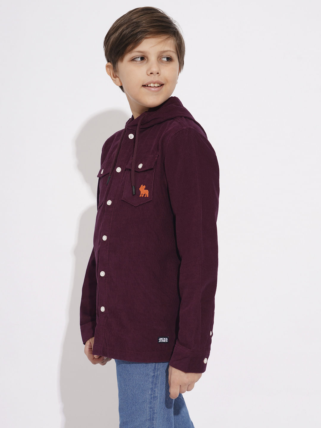 Wine Corduroy Hooded Shirt