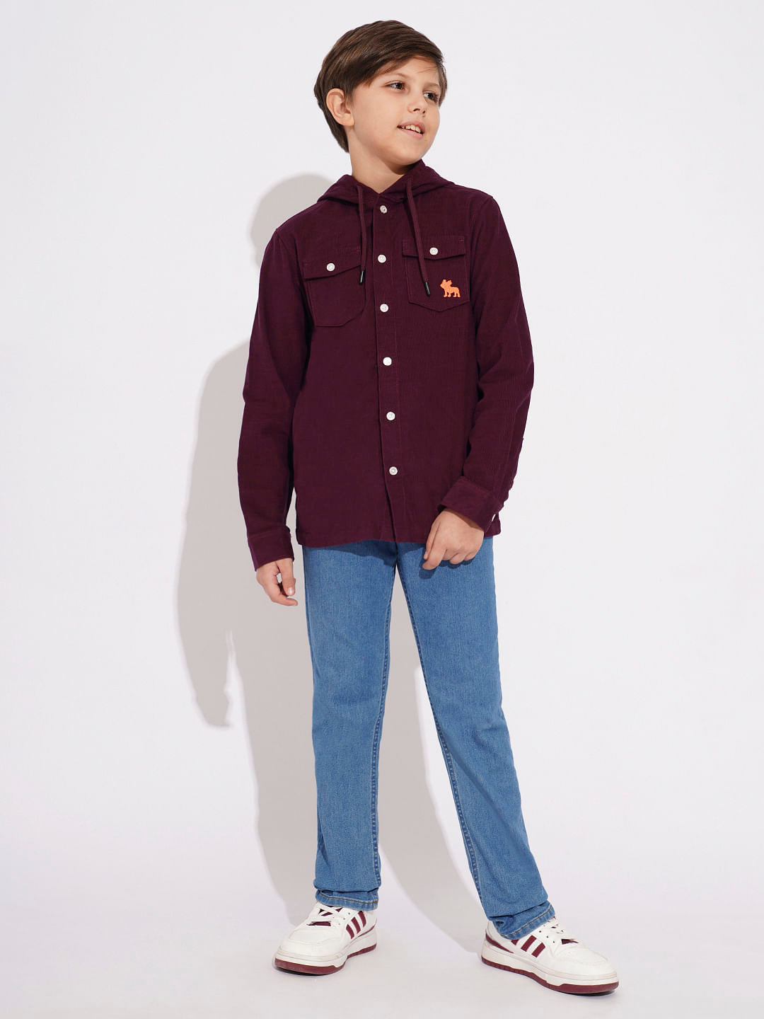 Wine Corduroy Hooded Shirt