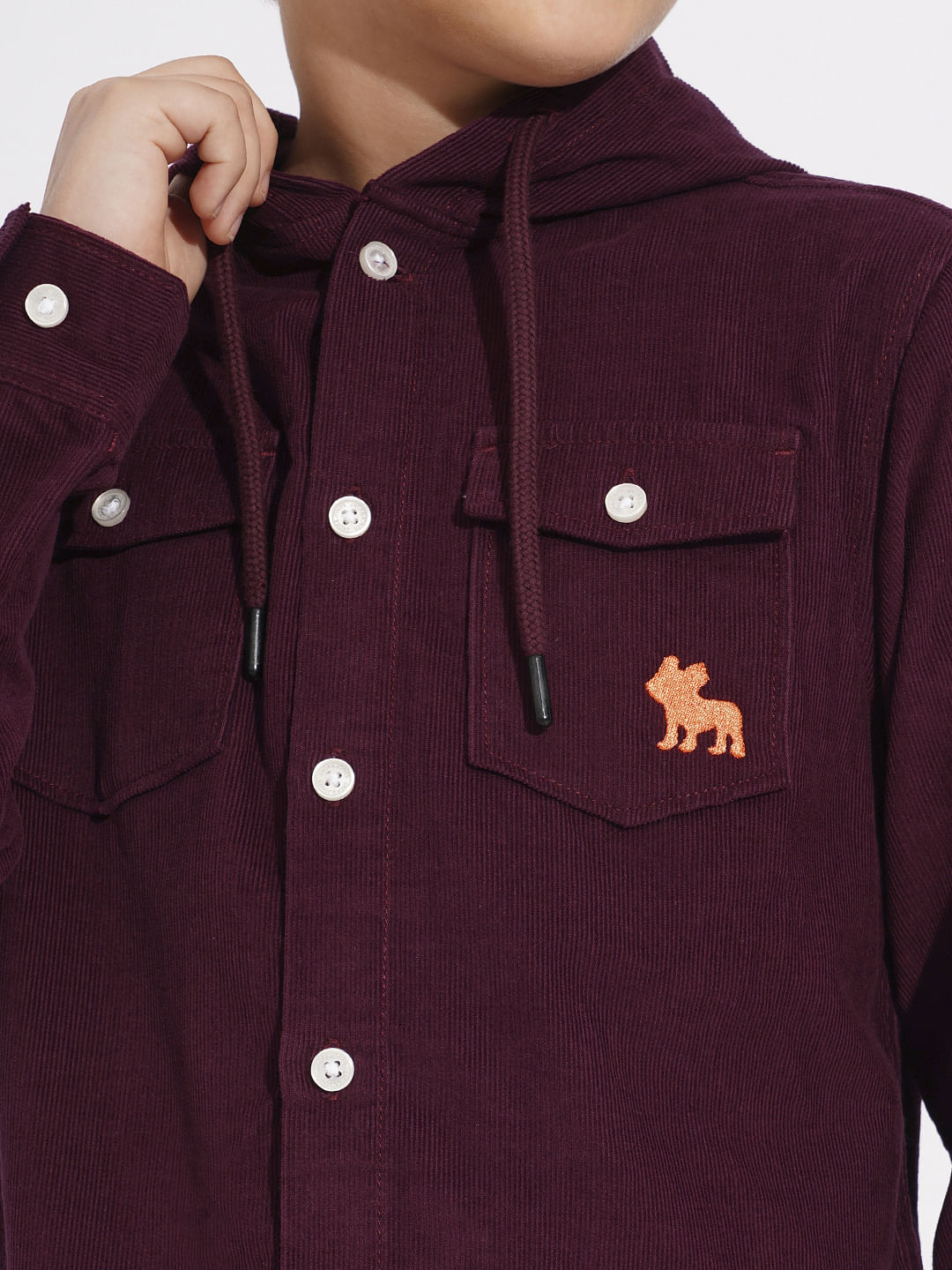Wine Corduroy Hooded Shirt