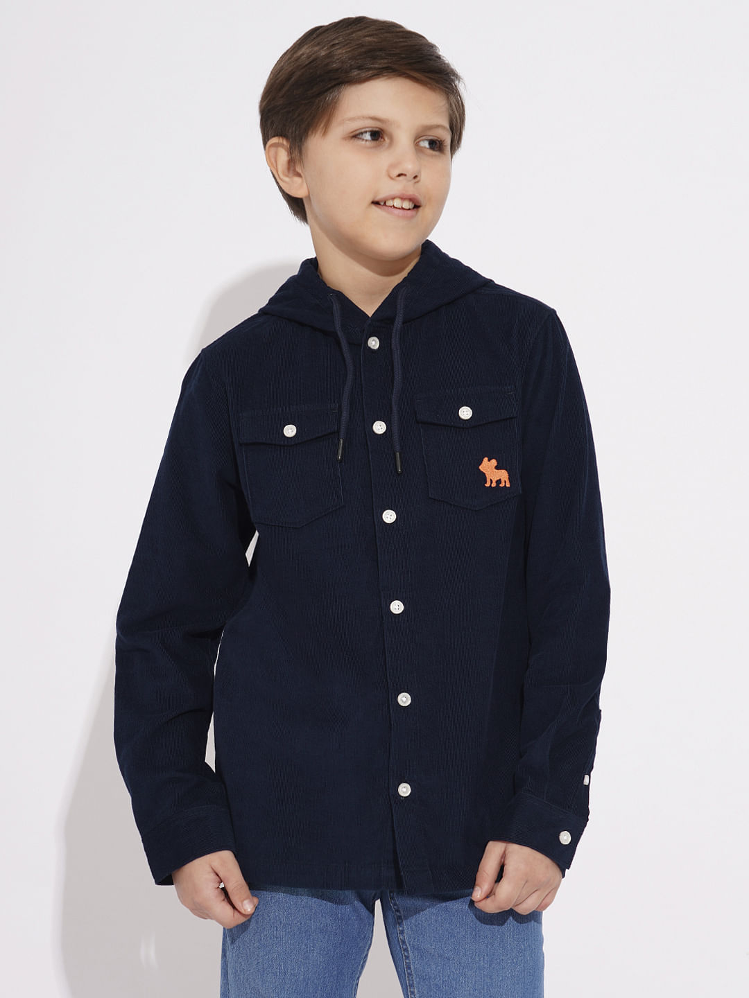 Navy Blue Corduroy Hooded Shirt