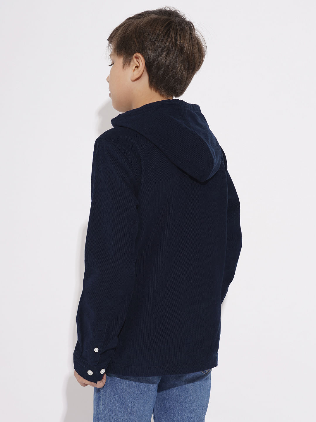 Navy Blue Corduroy Hooded Shirt