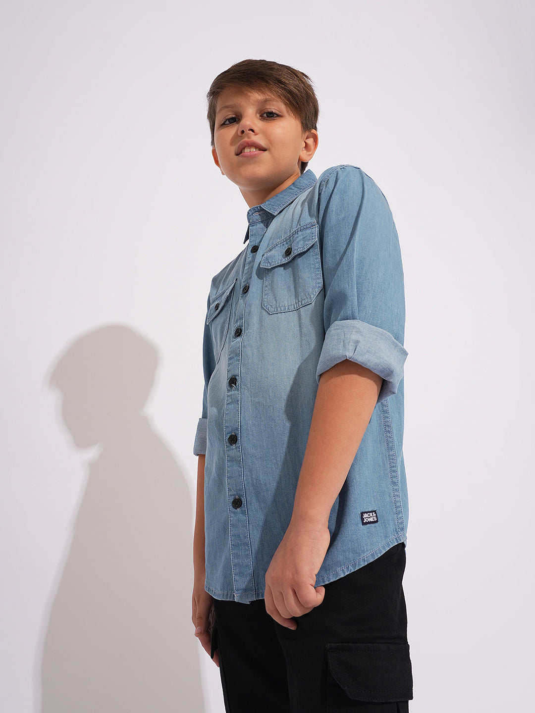 Boys Light Blue Denim Cotton Shirt - Main Image