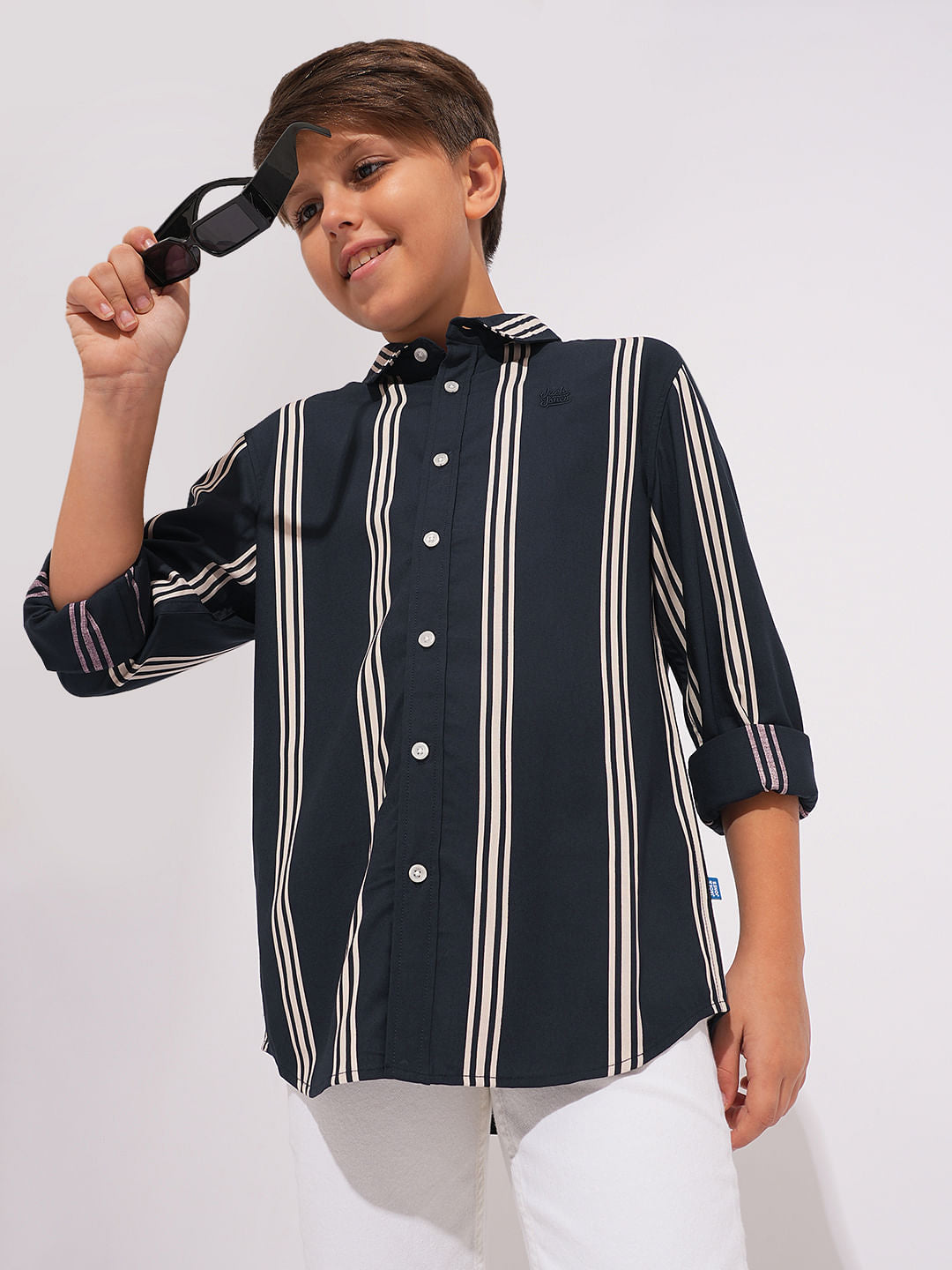 Boys Navy Blue Striped Full Sleeves Shirt