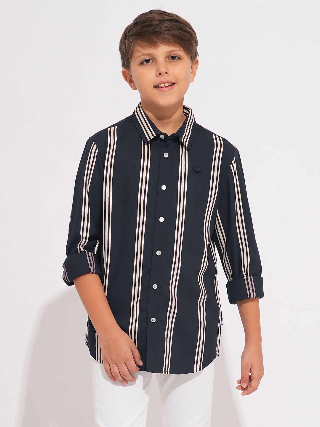 Boys Navy Blue Striped Full Sleeves Shirt