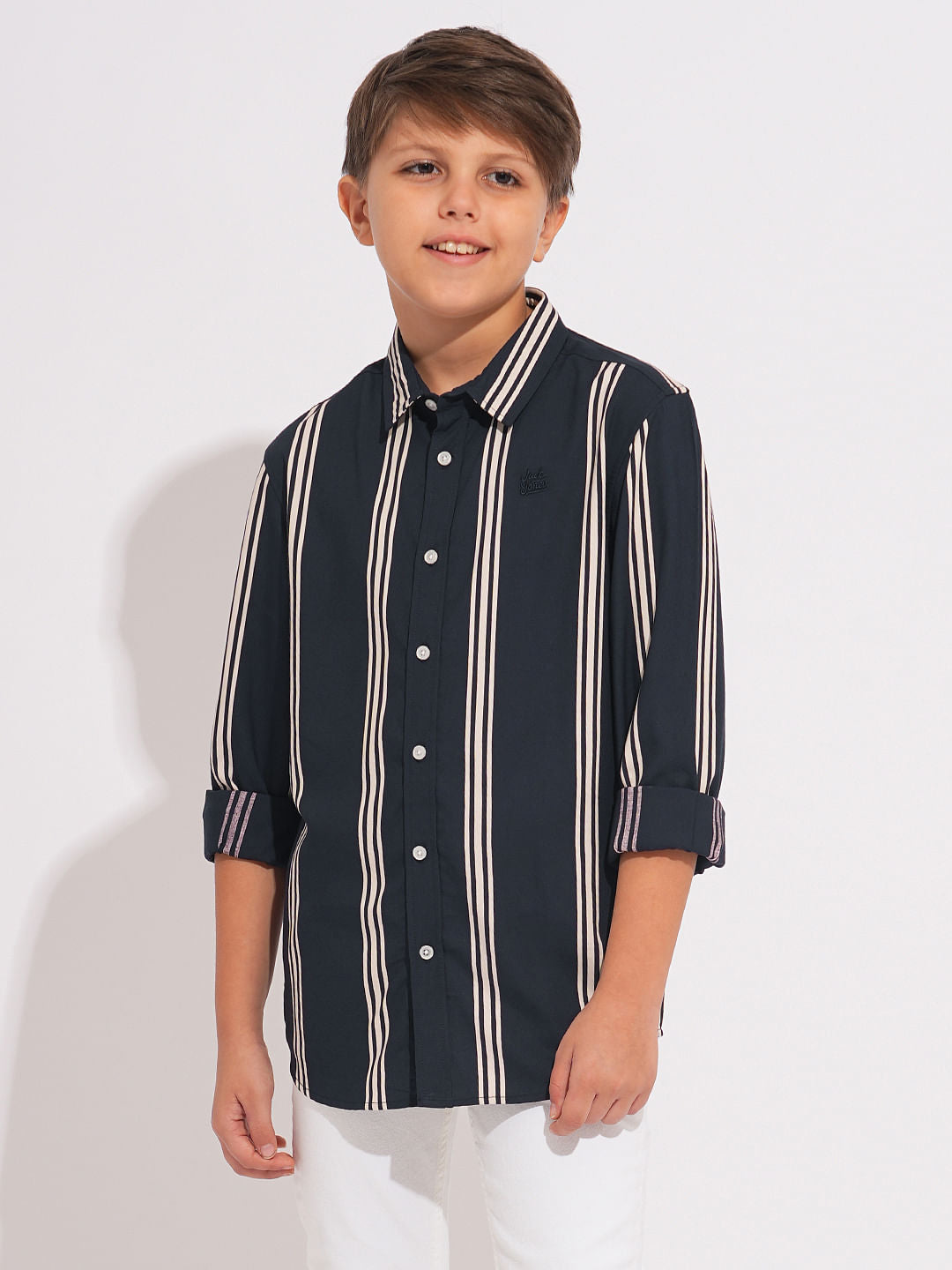 Boys Navy Blue Striped Full Sleeves Shirt