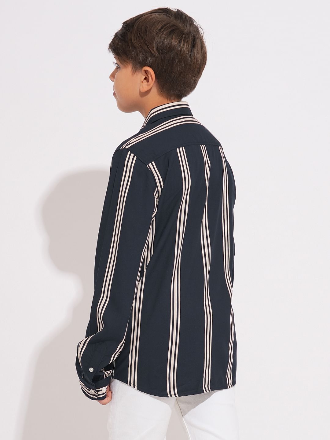Boys Navy Blue Striped Full Sleeves Shirt