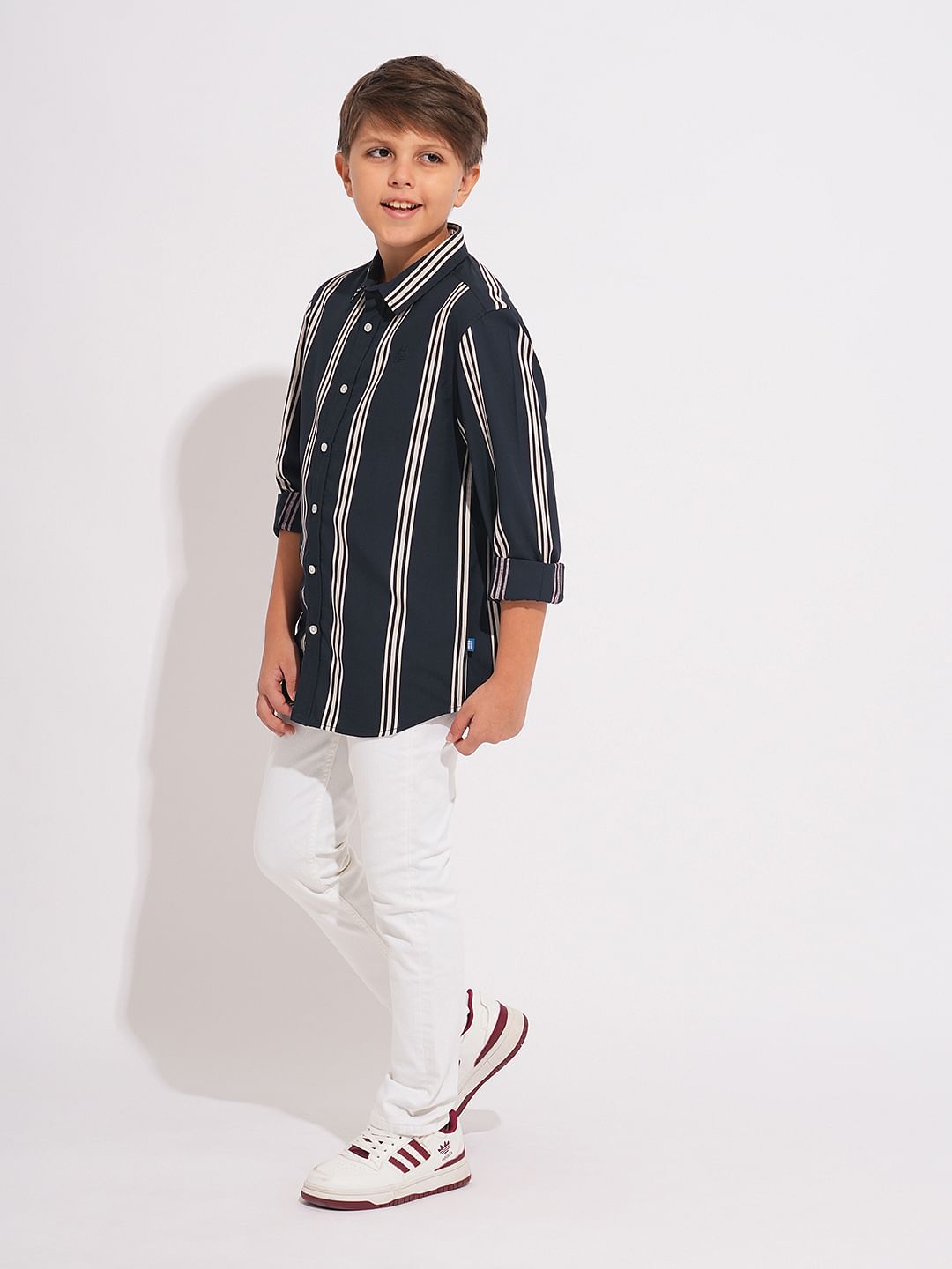 Boys Navy Blue Striped Full Sleeves Shirt