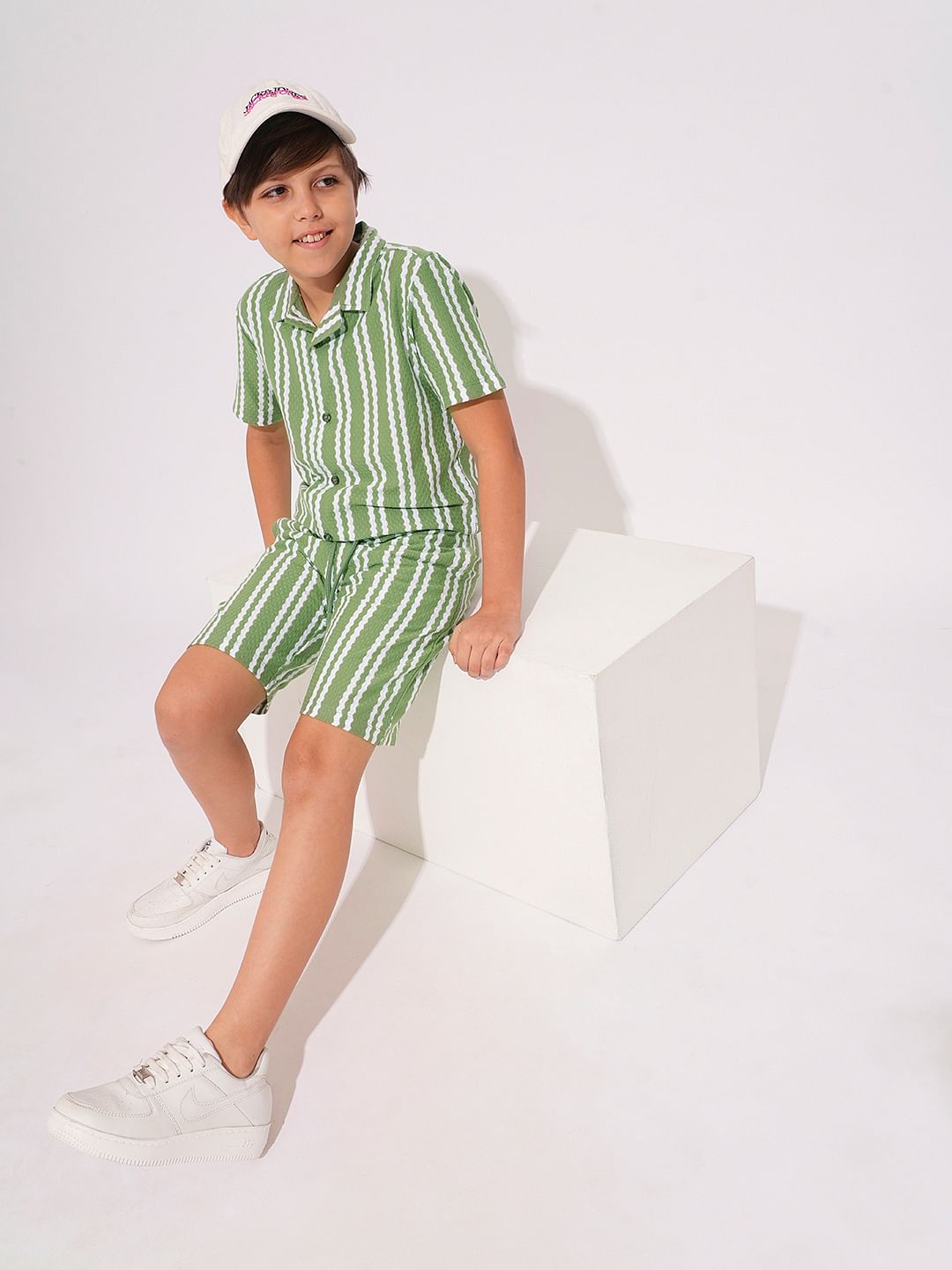 Boys Green Striped Co-ord Set Shirt