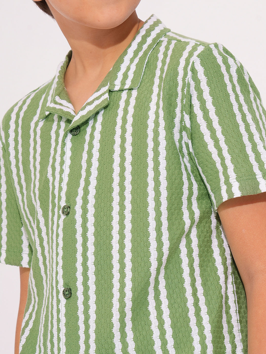 Boys Green Striped Co-ord Set Shirt