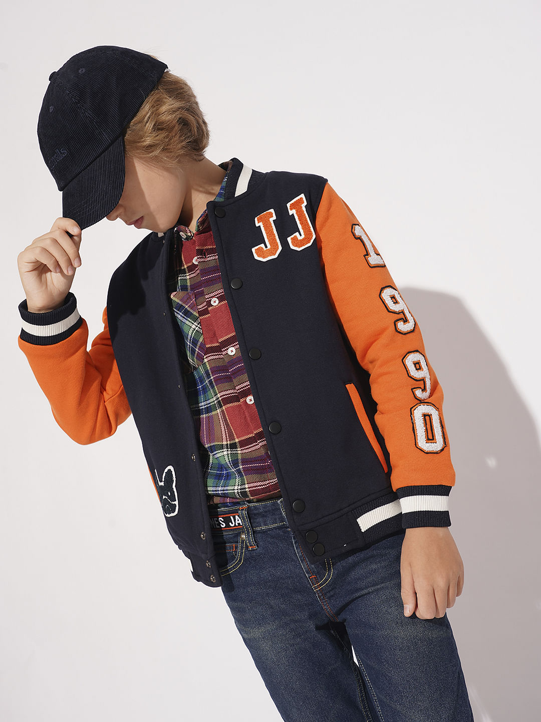 Boys Navy Blue Colourblocked Varsity Bomber Jacket