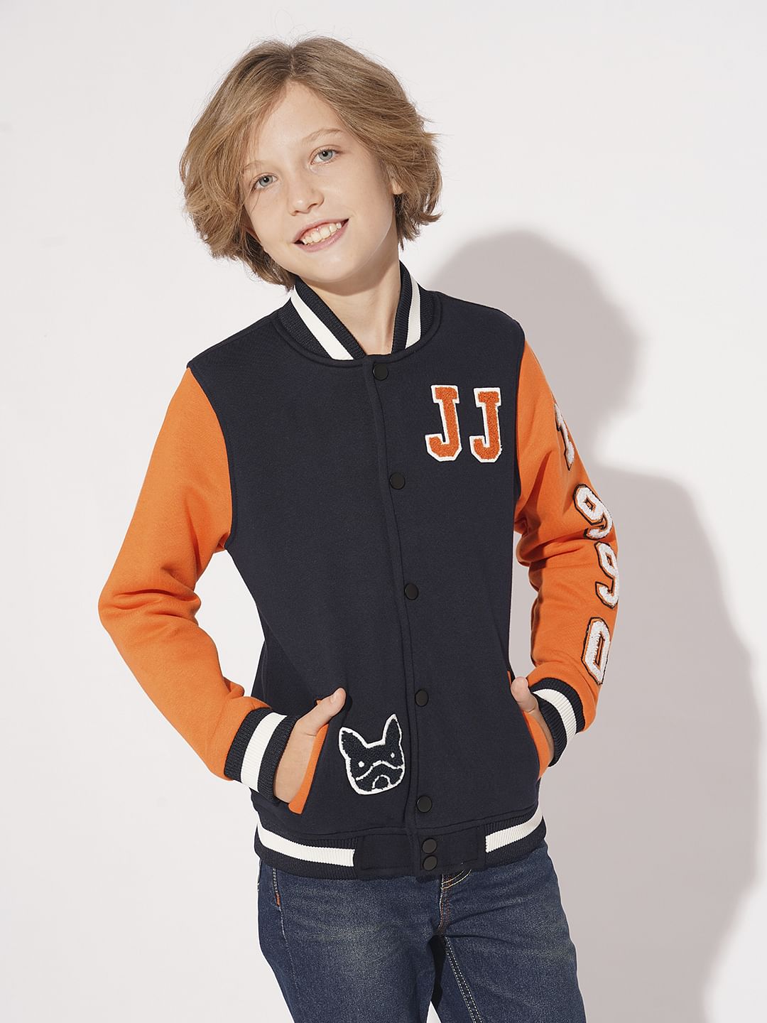 Boys Navy Blue Colourblocked Varsity Bomber Jacket