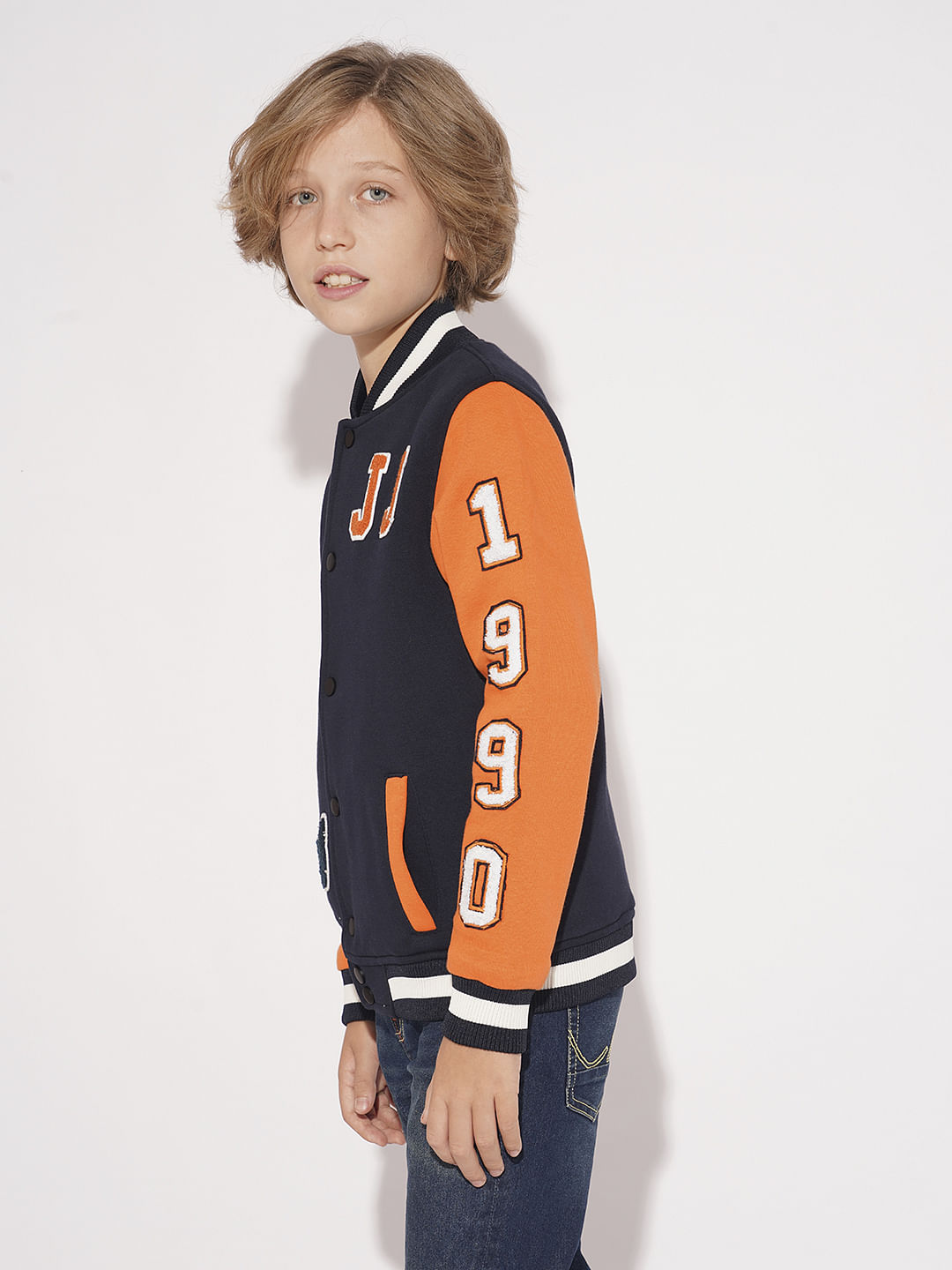 Boys Navy Blue Colourblocked Varsity Bomber Jacket