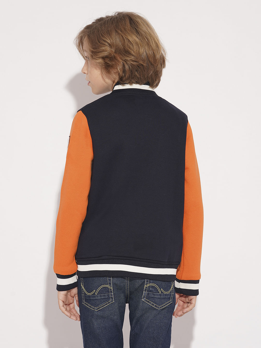 Boys Navy Blue Colourblocked Varsity Bomber Jacket