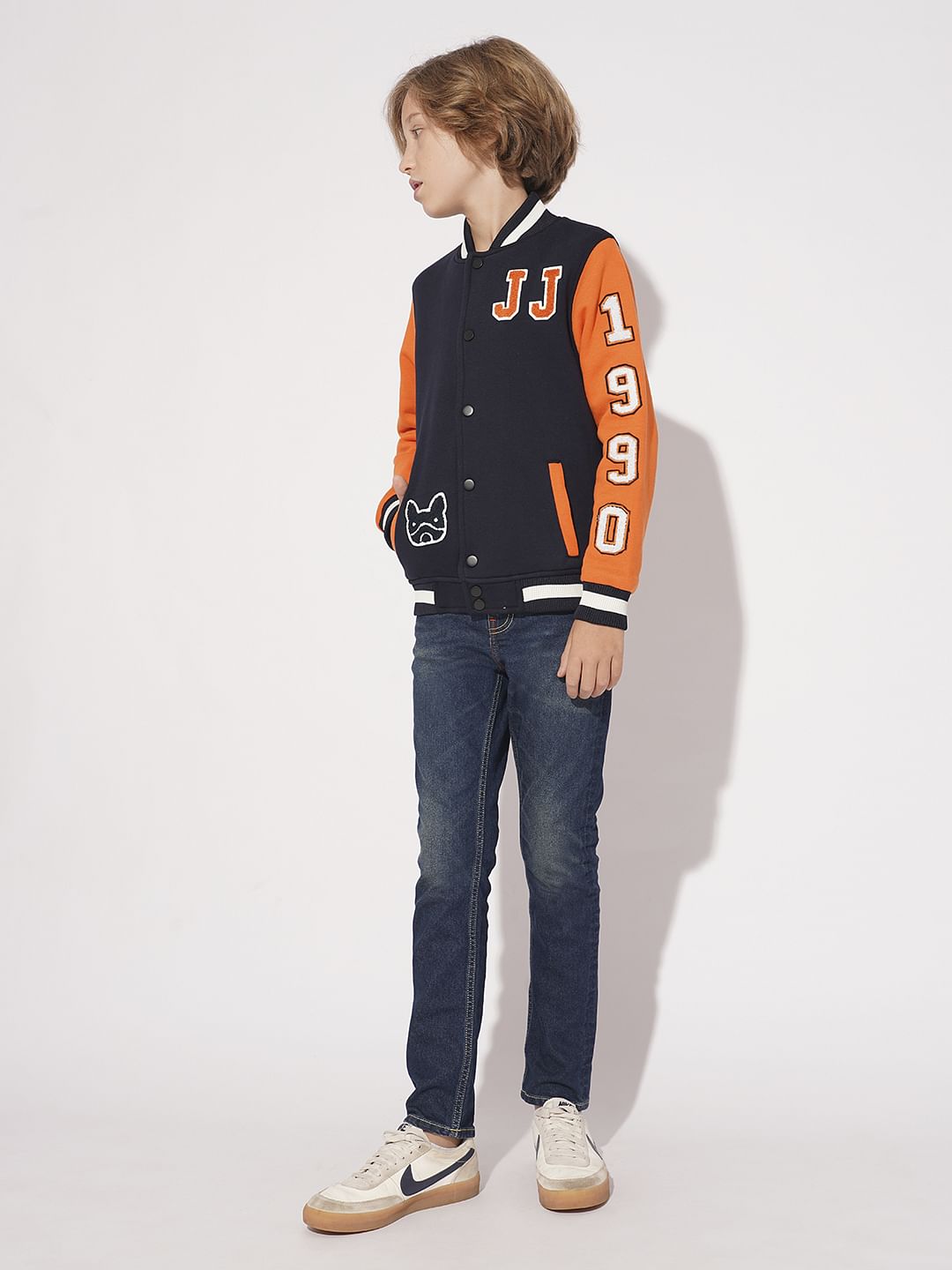 Boys Navy Blue Colourblocked Varsity Bomber Jacket