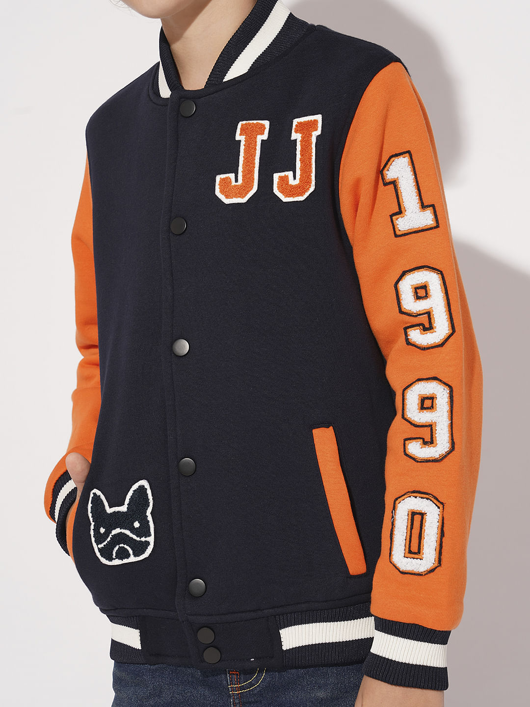 Boys Navy Blue Colourblocked Varsity Bomber Jacket