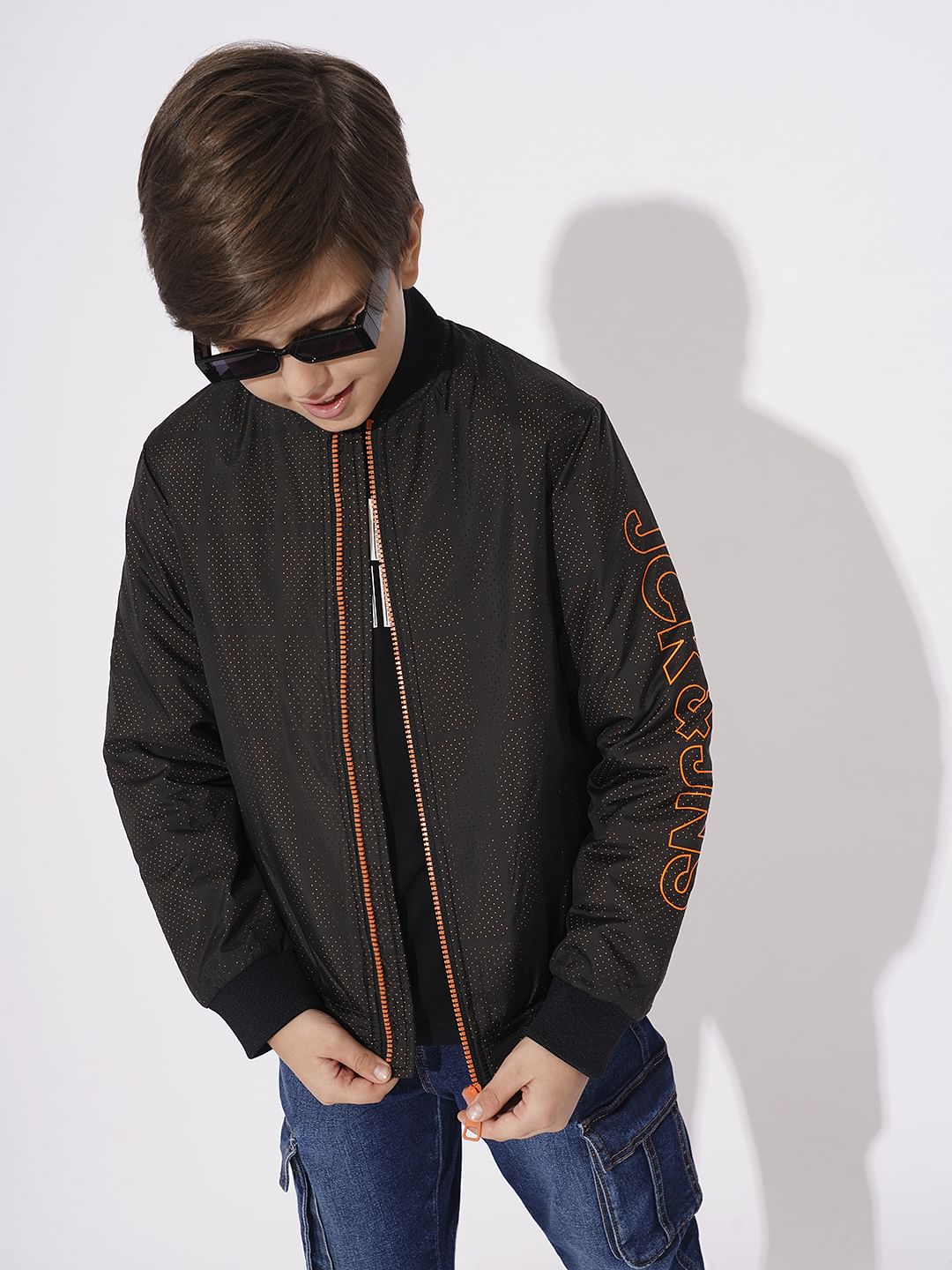 Boys Black Printed Mesh Bomber Jacket