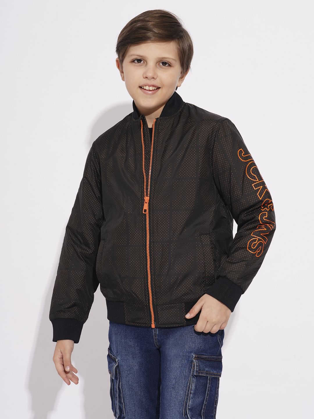 Boys Black Printed Mesh Bomber Jacket
