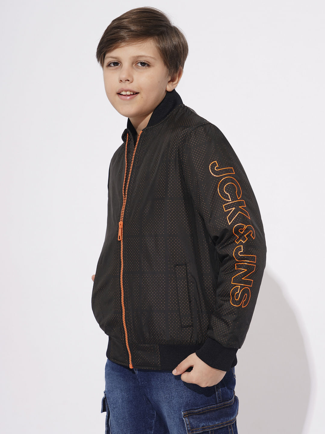 Boys Black Printed Mesh Bomber Jacket