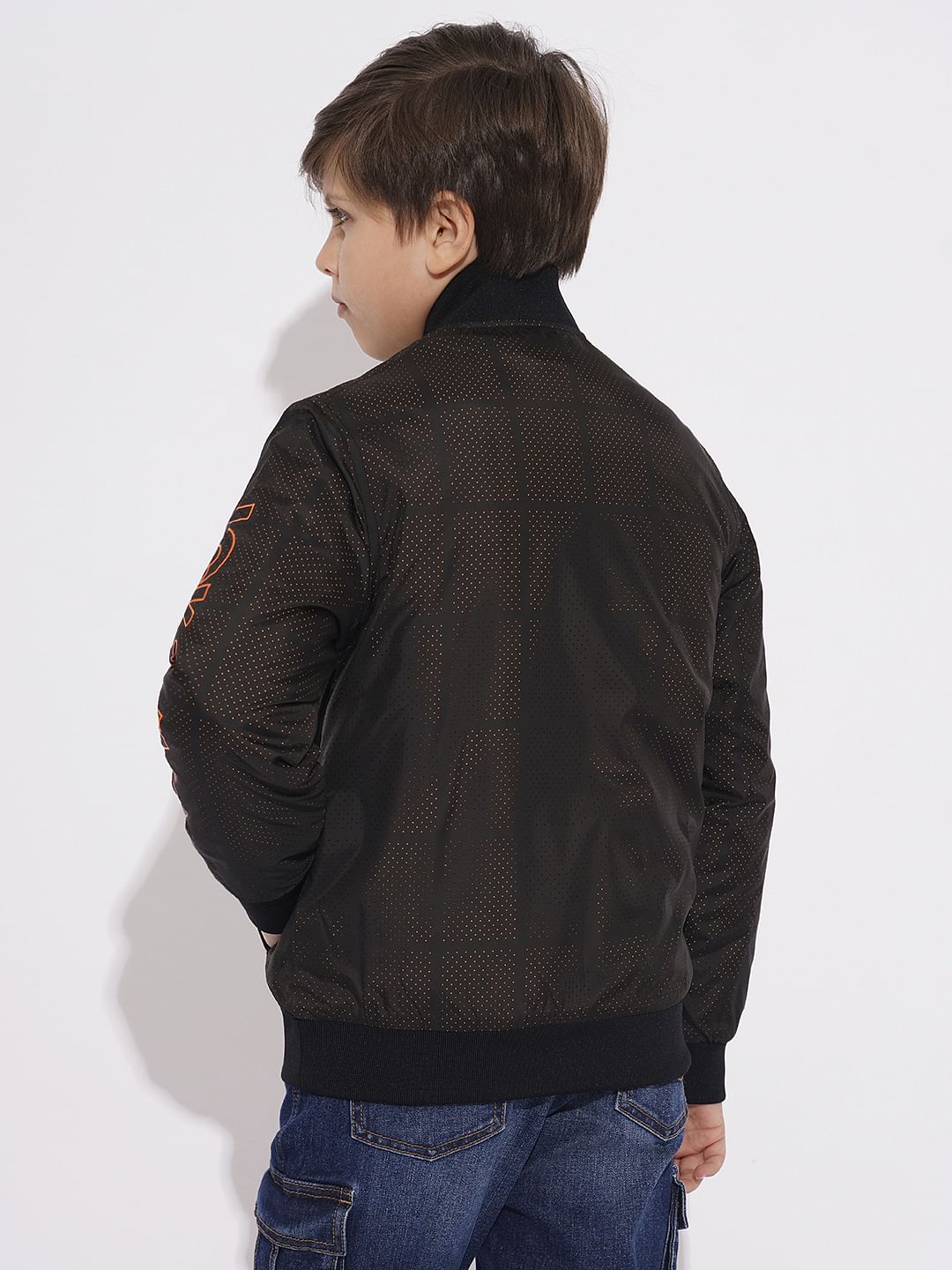 Boys Black Printed Mesh Bomber Jacket