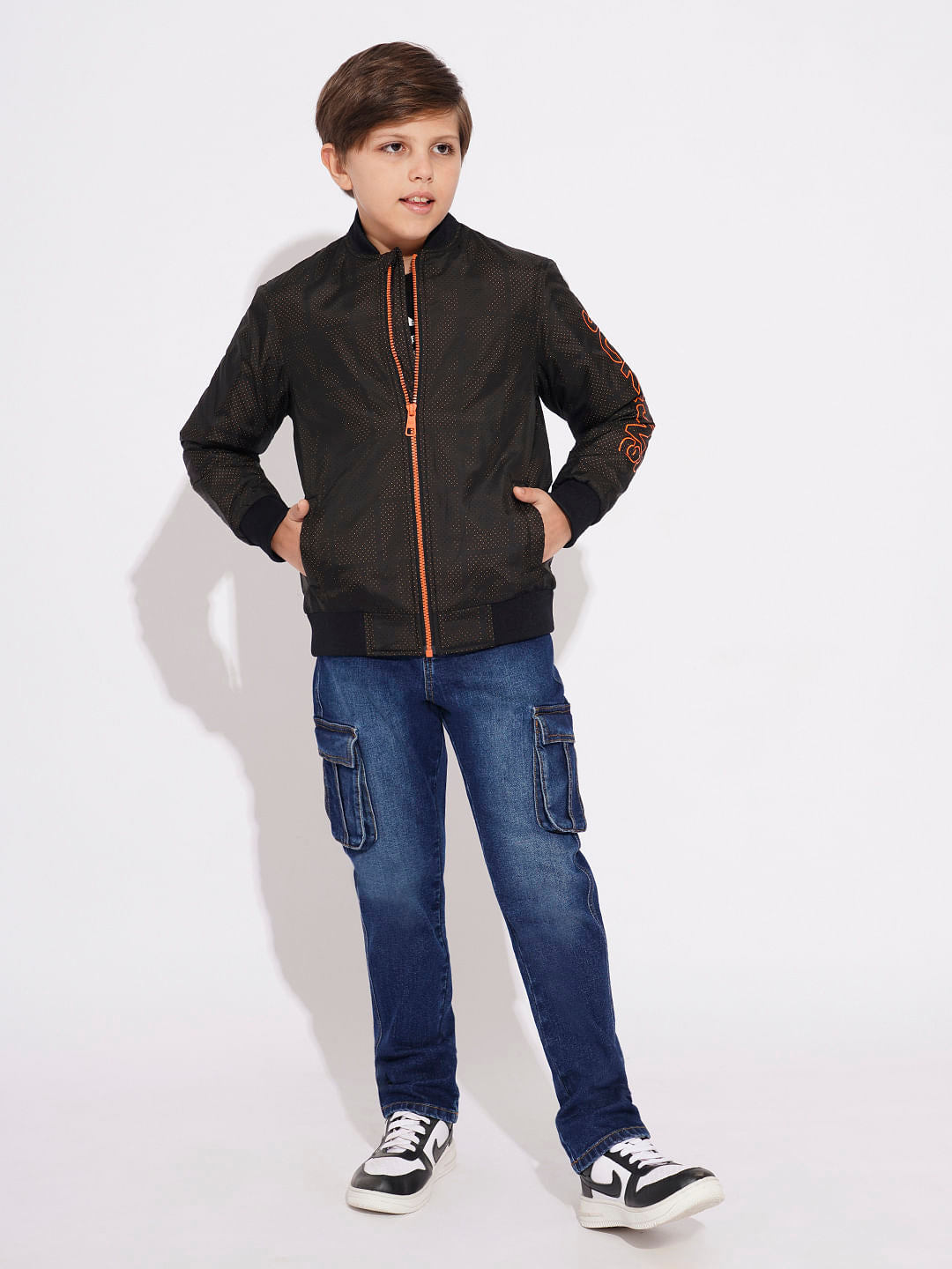 Boys Black Printed Mesh Bomber Jacket
