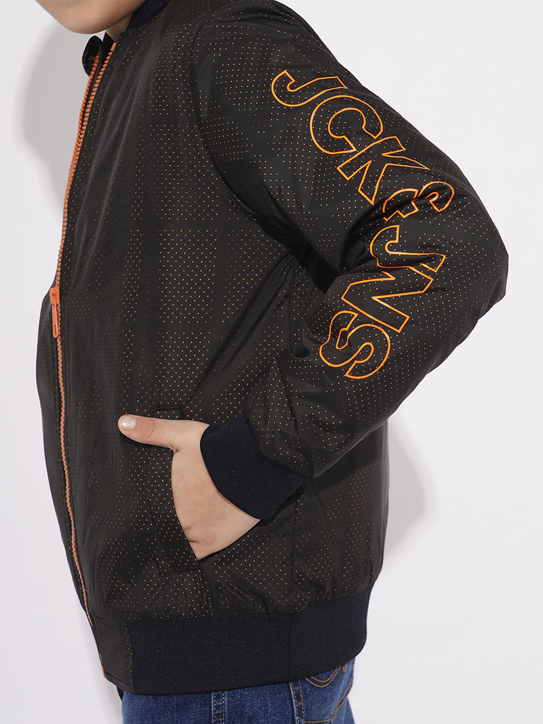 Boys Black Printed Mesh Bomber Jacket