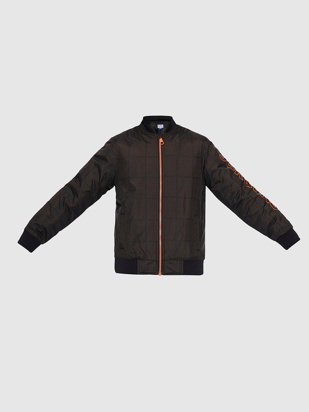 Boys Black Printed Mesh Bomber Jacket