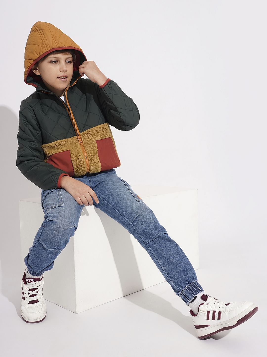 Boys Green Colourblocked Hooded Jacket