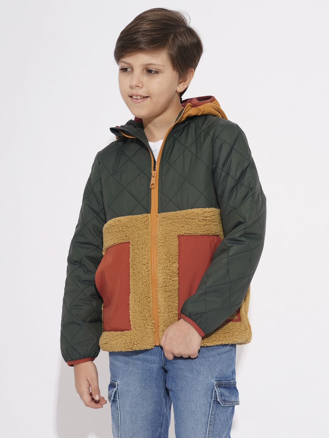 Boys Green Colourblocked Hooded Jacket