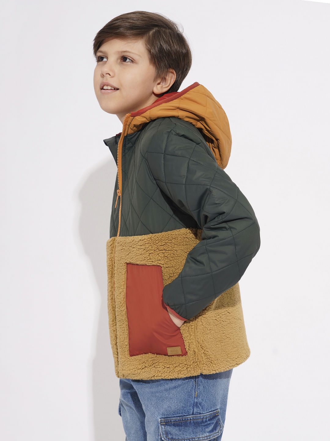 Boys Green Colourblocked Hooded Jacket