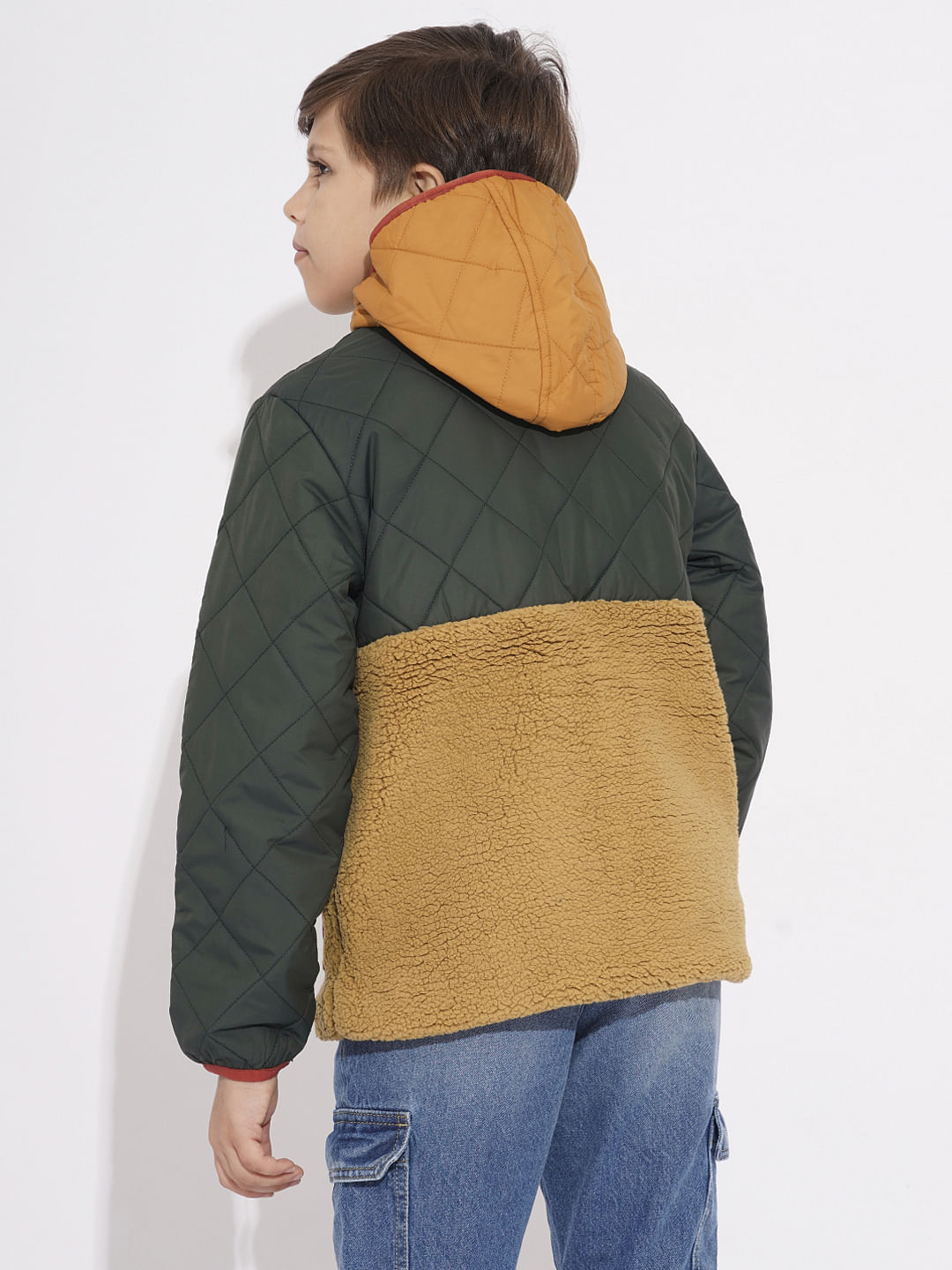 Boys Green Colourblocked Hooded Jacket