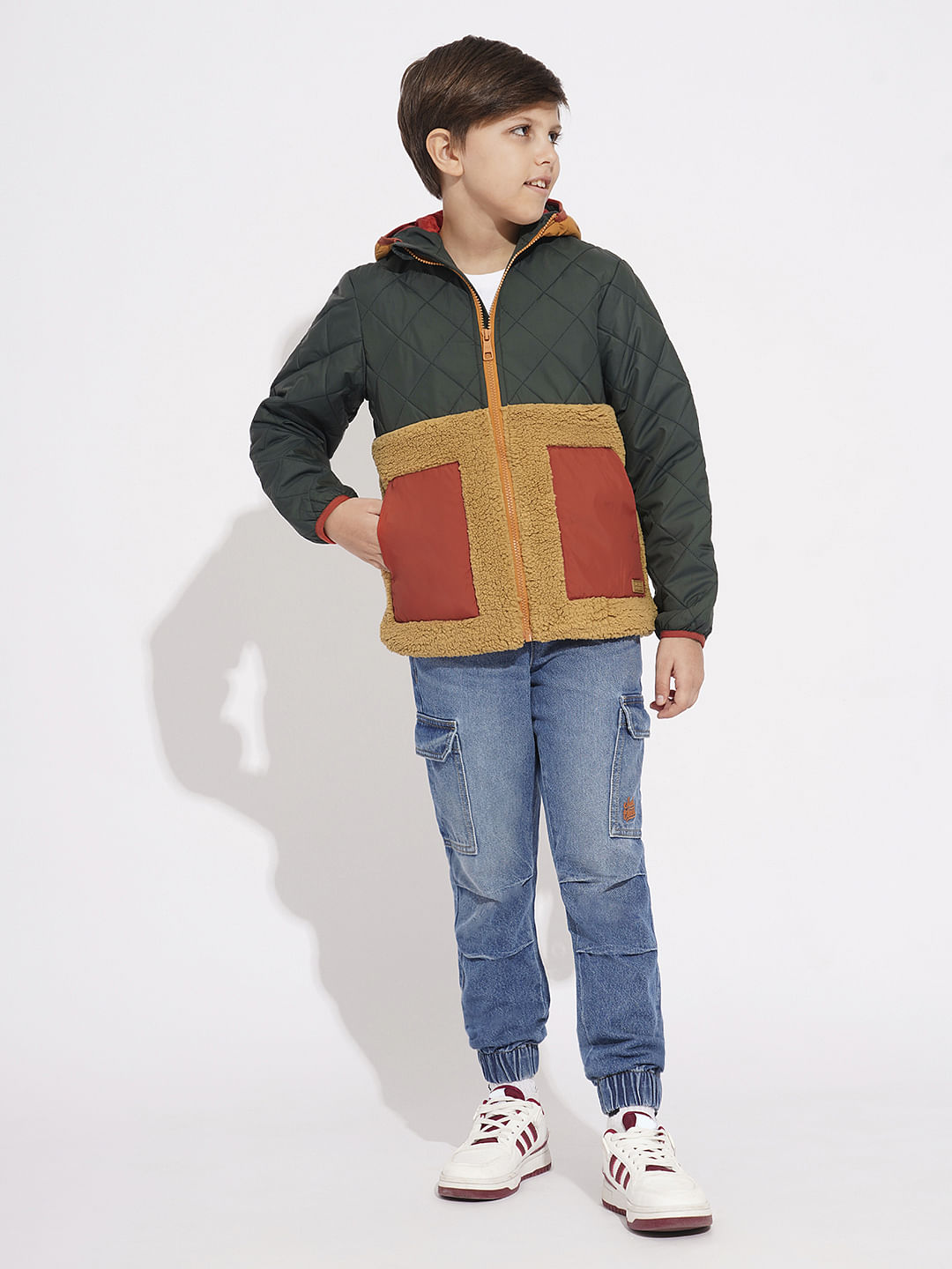 Boys Green Colourblocked Hooded Jacket